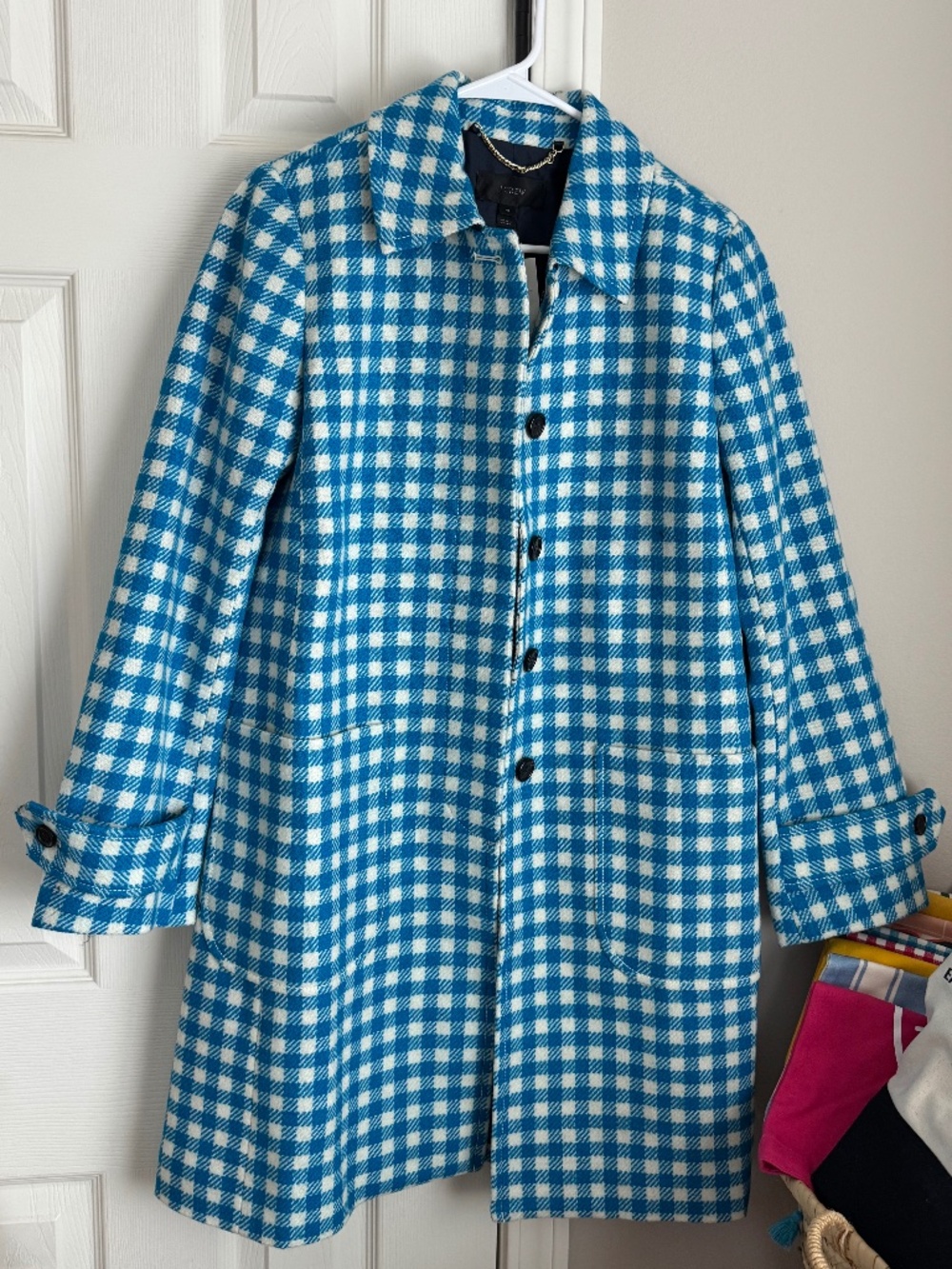 NWT, JCREW, DARLING CHEERY BLUE GINGHAM, 100% WOOL COAT
